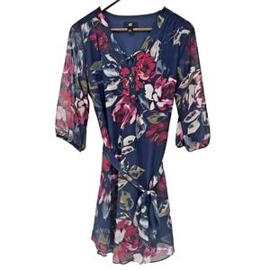 IZ Byer Dress‎ Blue Floral Lace-Up Belted Waist Lined fairycore sheer wedding M